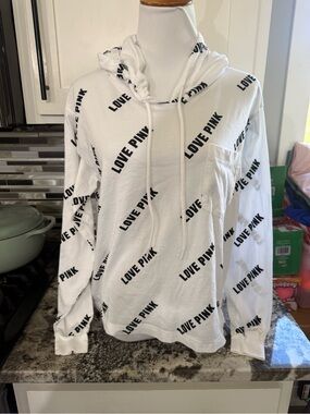 PINK Victoria's Secret White Hoodie with Black Logo Print